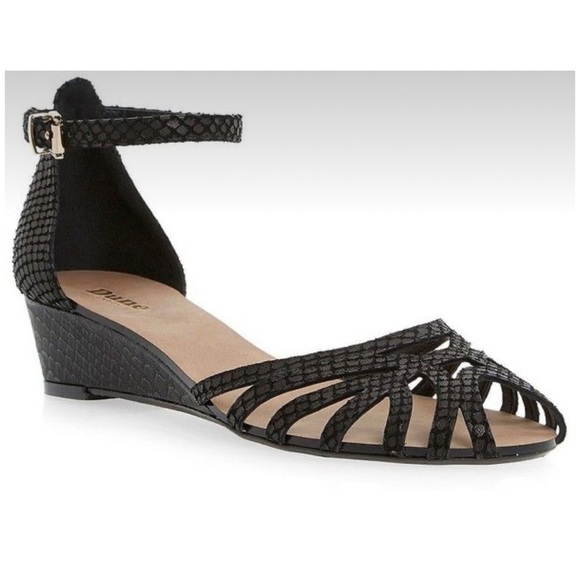 Dune London || Knightly Black Leather Reptile Embossed Wedge Sandal NWOT 7M / 38 - Picture 1 of 17